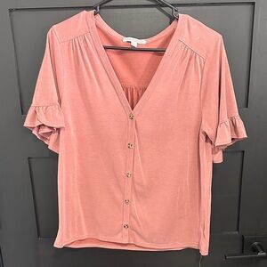 Green Envelope Coral Button-Down Top with Ruffle Sleeves